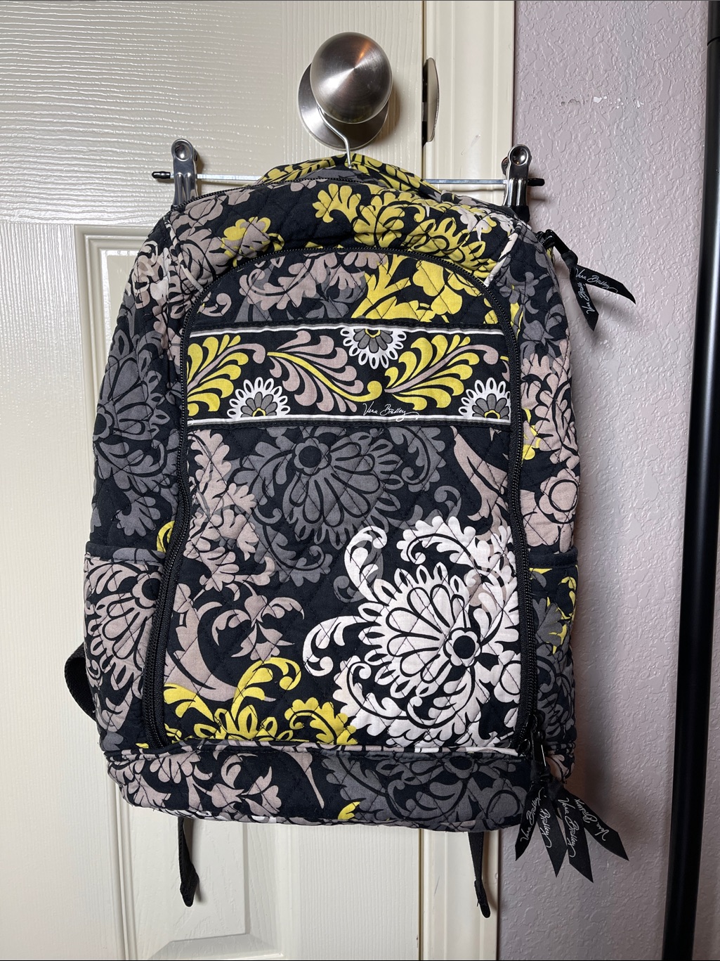Vera Bradley Black Travel Backpack With Yellow, Gray & Cream Floral Print